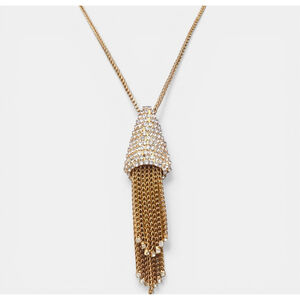 Vintage 1970s Gold Tone Conical Rhinestone Tassel Necklace Long Fringe Statement
